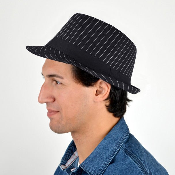 Fall/Winter Black Trilby Fedora Hat with White Pinstripes & Black Band Trim - H1805262 - Bundle Bus