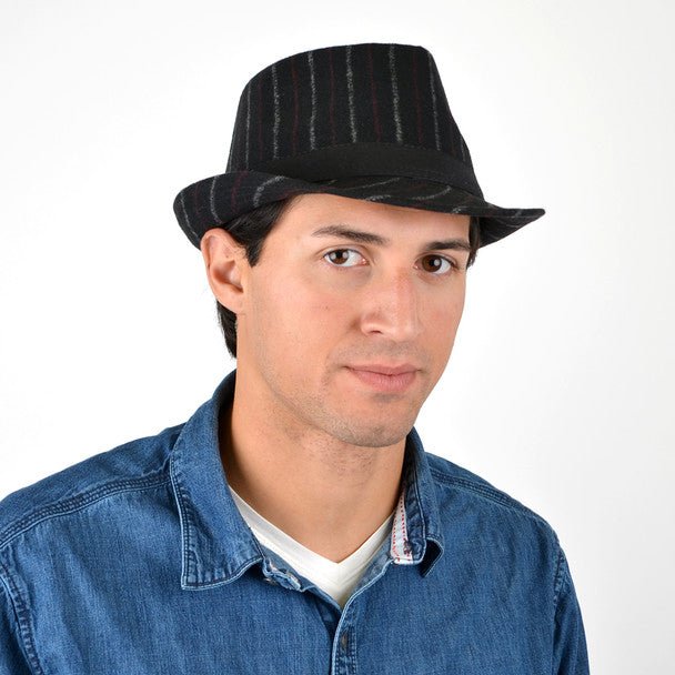 Fall/Winter Black Wool-Type Trilby Fedora Hat with Burgundy & Gray Stripes - H1805258 - Bundle Bus