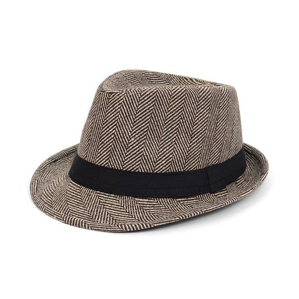 Fall/Winter Brown & Beige Herringbone Trilby Fedora Hat with Black Band Trim - H1805261 - Bundle Bus