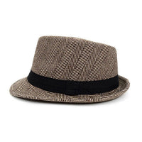 Fall/Winter Brown & Beige Herringbone Trilby Fedora Hat with Black Band Trim - H1805261 - Bundle Bus