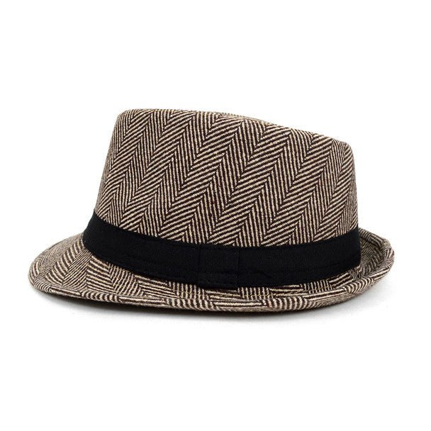 Fall/Winter Brown & Beige Herringbone Trilby Fedora Hat with Black Band Trim - H1805261 - Bundle Bus