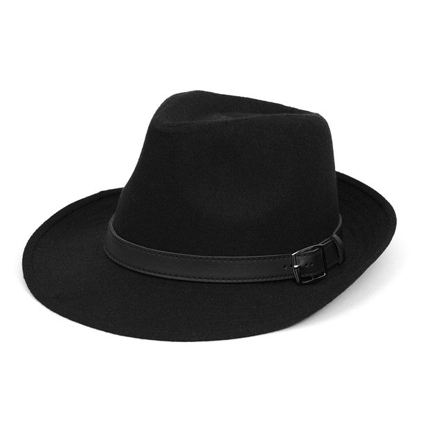 Fall/Winter Wide Brim Black Trilby Fedora Hat with Black Belt Trim - H1805263 - Bundle Bus