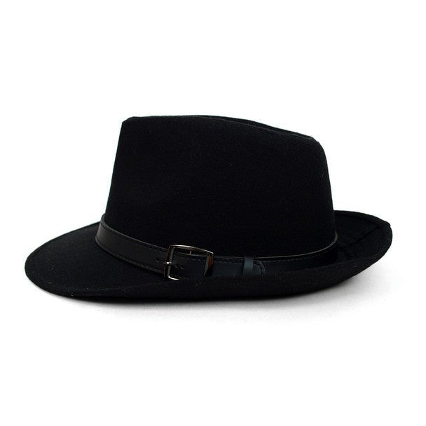 Fall/Winter Wide Brim Black Trilby Fedora Hat with Black Belt Trim - H1805263 - Bundle Bus