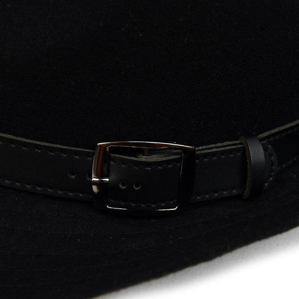 Fall/Winter Wide Brim Black Trilby Fedora Hat with Black Belt Trim - H1805263 - Bundle Bus