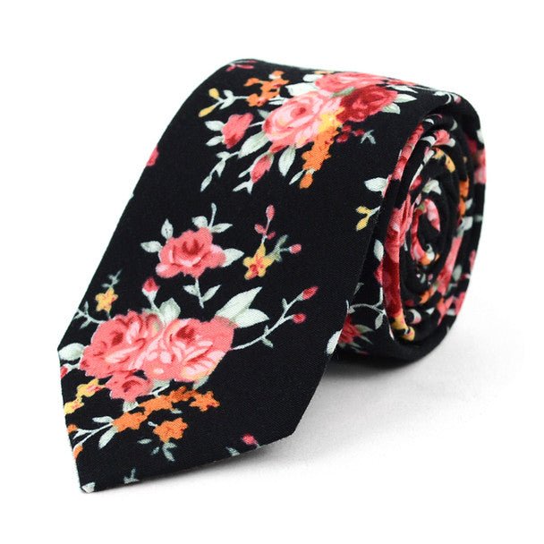 Floral Wedding Black & Rose 2.5" Cotton Slim Tie - NVC17133 - Bundle Bus