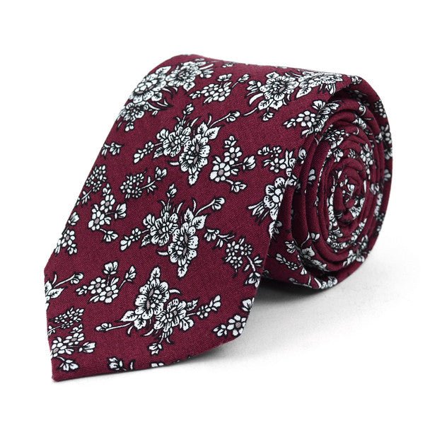 Floral Wedding Burgundy & White 2.5" Cotton Slim Tie - NVC17125 - Bundle Bus