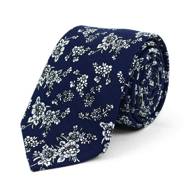 Floral Wedding Navy & White 2.5" Cotton Slim Tie - NVC17124 - Bundle Bus