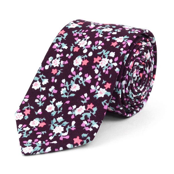 Floral Wedding Wine 2.5" Cotton Slim Tie - NVC17120 - Bundle Bus