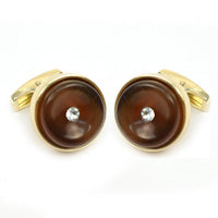 Gold-tone Brown Stone Crystal Target Round Brass Cufflinks - Bundle Bus