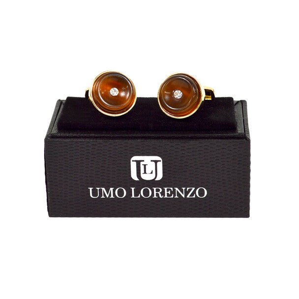 Gold-tone Brown Stone Crystal Target Round Brass Cufflinks - Bundle Bus