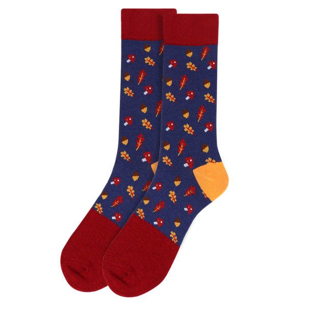 Men's Acorn Fall Leaves Novelty Socks - NVS19537-BURG - Bundle Bus