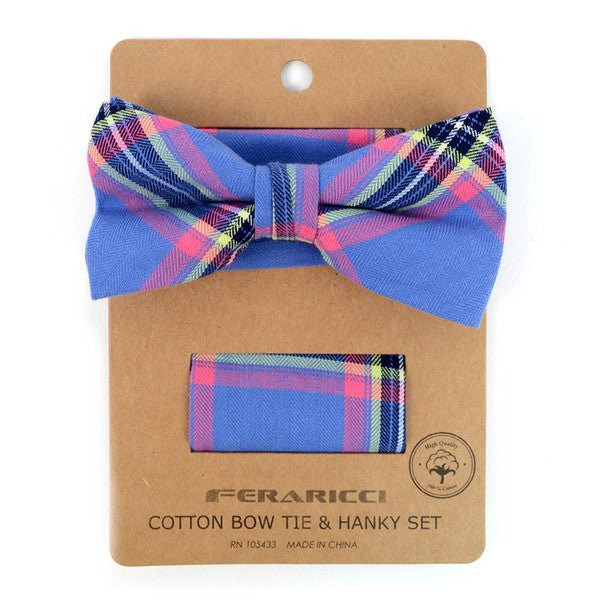 Men's Blue Plaid Cotton Bow Tie & Matching Pocket Square - CBTH1724 - Bundle Bus