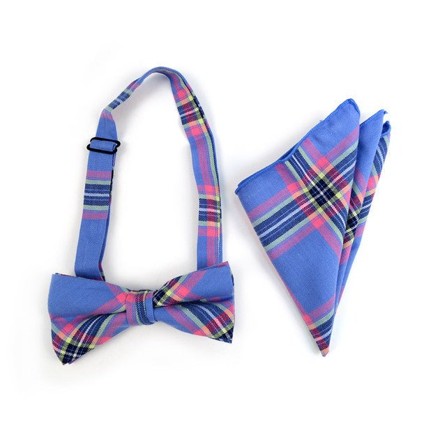 Men's Blue Plaid Cotton Bow Tie & Matching Pocket Square - CBTH1724 - Bundle Bus