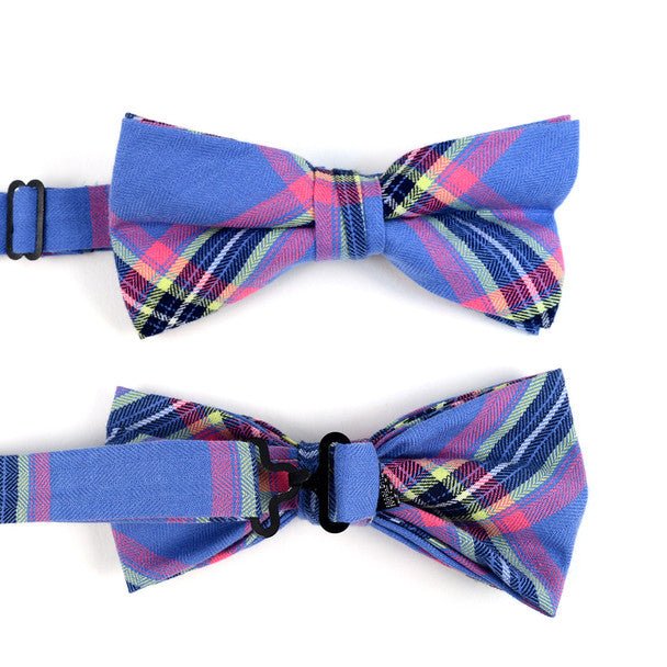 Men's Blue Plaid Cotton Bow Tie & Matching Pocket Square - CBTH1724 - Bundle Bus