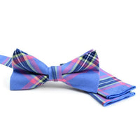 Men's Blue Plaid Cotton Bow Tie & Matching Pocket Square - CBTH1724 - Bundle Bus