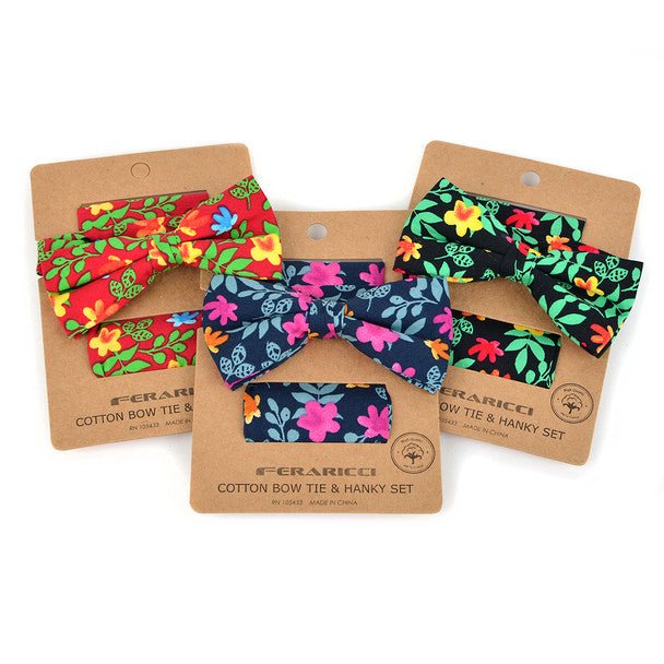 Men's Bright Floral Cotton Bow Tie & Hanky Set - CTBH1738 - Bundle Bus