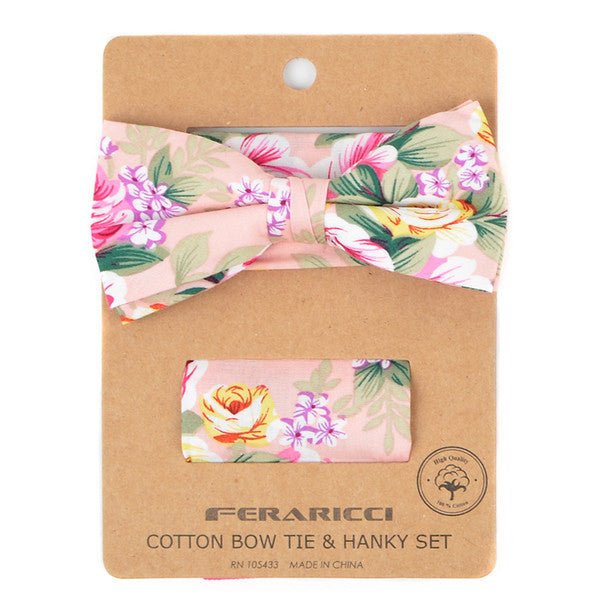 Men's Floral Cotton Bow Tie & Hanky Set - CTBH1741 - Bundle Bus