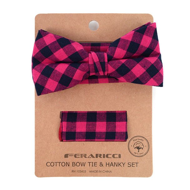 Men's Fuchsia Plaid Cotton Bow Tie & Matching Pocket Square - CBTH1711 - Bundle Bus