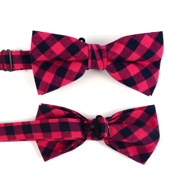 Men's Fuchsia Plaid Cotton Bow Tie & Matching Pocket Square - CBTH1711 - Bundle Bus