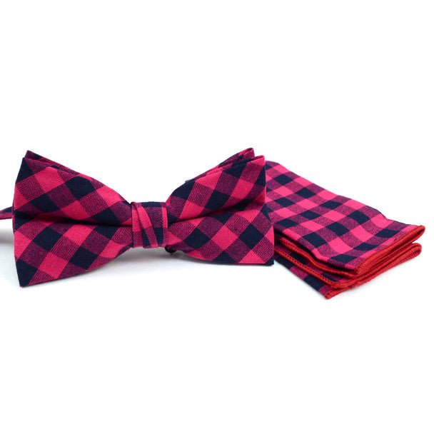 Men's Fuchsia Plaid Cotton Bow Tie & Matching Pocket Square - CBTH1711 - Bundle Bus