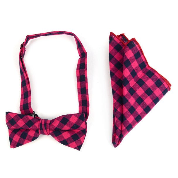 Men's Fuchsia Plaid Cotton Bow Tie & Matching Pocket Square - CBTH1711 - Bundle Bus