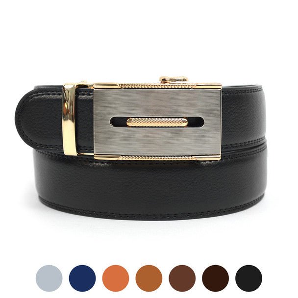 Men's Genuine Leather Sliding Buckle Ratchet Belt - MGLBB13 - Bundle Bus