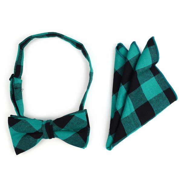 Men's Green Plaid Cotton Bow Tie & Matching Pocket Square - CBTH1730 - Bundle Bus