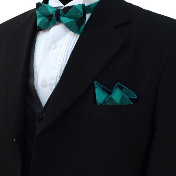 Men's Green Plaid Cotton Bow Tie & Matching Pocket Square - CBTH1730 - Bundle Bus