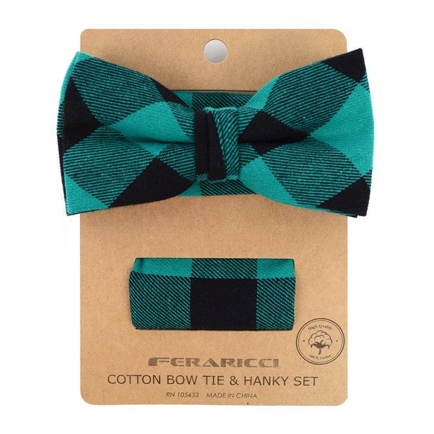 Men's Green Plaid Cotton Bow Tie & Matching Pocket Square - CBTH1730 - Bundle Bus