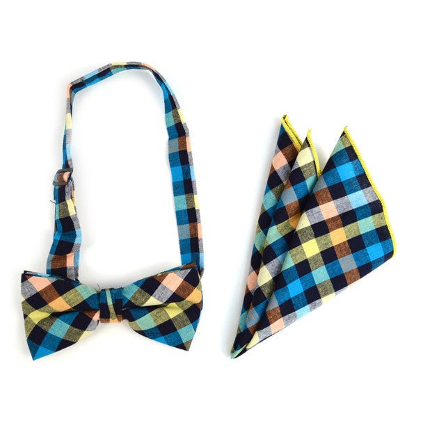 Men's Multi Color Plaid Cotton Bow Tie & Matching Pocket Square - CBTH1726 - Bundle Bus
