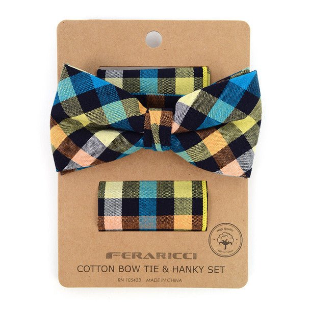 Men's Multi Color Plaid Cotton Bow Tie & Matching Pocket Square - CBTH1726 - Bundle Bus