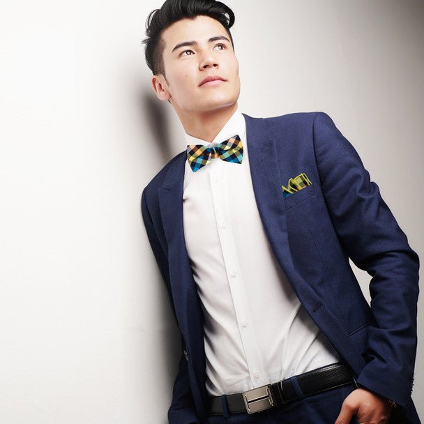 Men's Multi Color Plaid Cotton Bow Tie & Matching Pocket Square - CBTH1726 - Bundle Bus