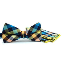 Men's Multi Color Plaid Cotton Bow Tie & Matching Pocket Square - CBTH1726 - Bundle Bus