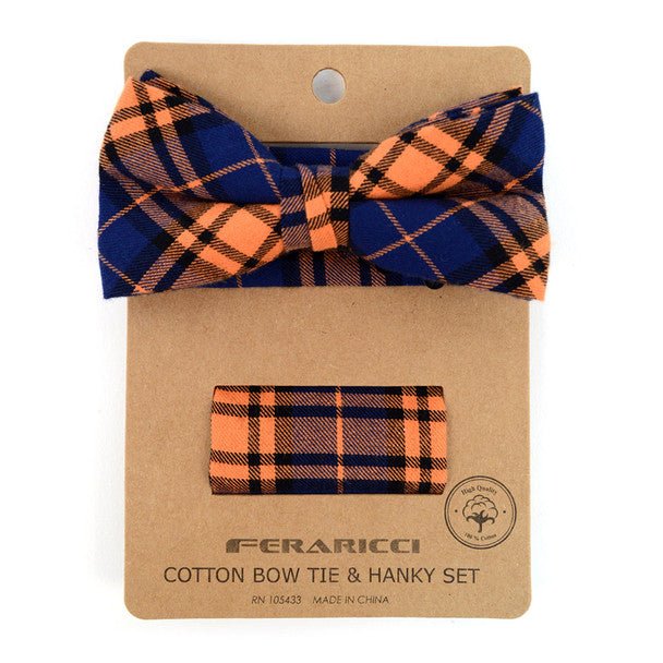 Men's Orange Blue Plaid Cotton Bow Tie & Matching Pocket Square - CBTH1725 - Bundle Bus