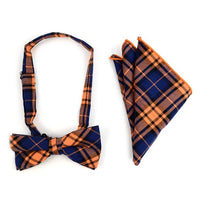 Men's Orange Blue Plaid Cotton Bow Tie & Matching Pocket Square - CBTH1725 - Bundle Bus