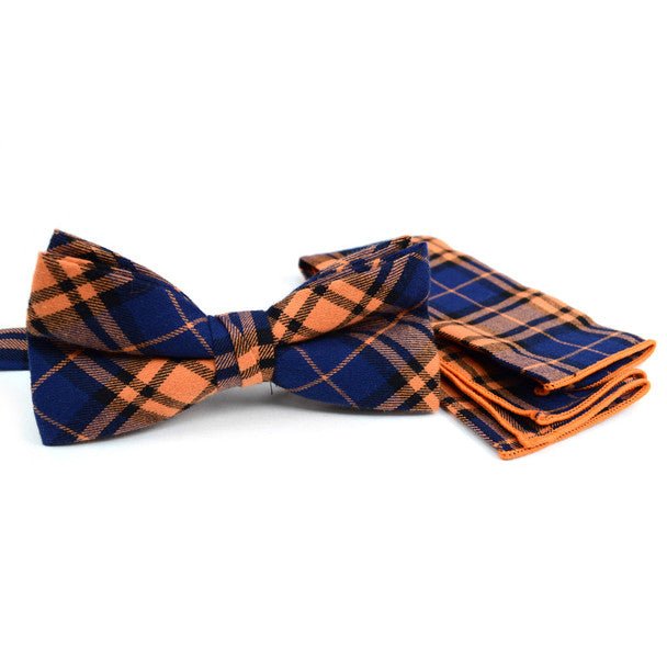 Men's Orange Blue Plaid Cotton Bow Tie & Matching Pocket Square - CBTH1725 - Bundle Bus