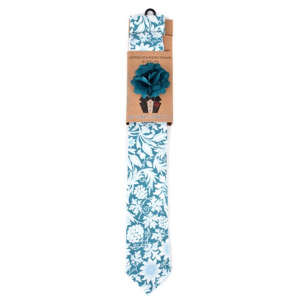 Men's Paisley Floral Cotton Skinny Tie w/ Hanky and Flower Lapel Pin - CTHL1706 - Bundle Bus