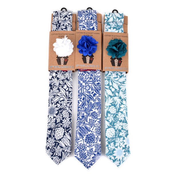 Men's Paisley Floral Cotton Skinny Tie w/ Hanky and Flower Lapel Pin - CTHL1706 - Bundle Bus