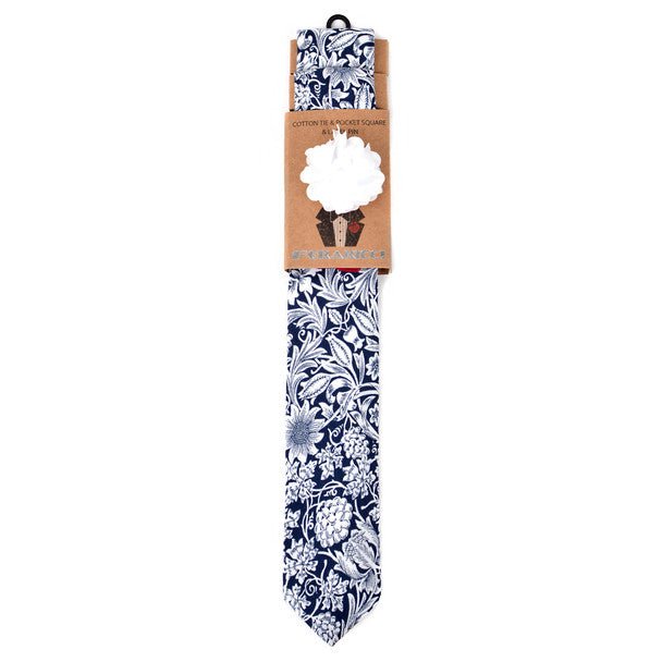 Men's Paisley Floral Cotton Skinny Tie w/ Hanky and Flower Lapel Pin - CTHL1706 - Bundle Bus