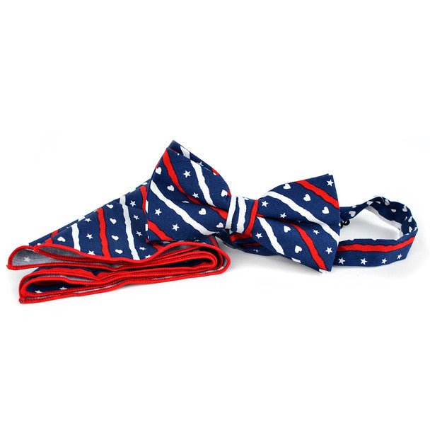 Men's Patriotic Hearts & Stars Cotton Bow Tie & Hanky Set - CTBH1735-NV - Bundle Bus