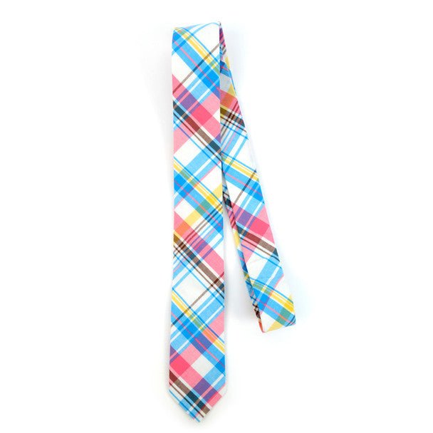 Men's Pink Blue Plaid 2.25" Cotton Slim Tie - MPPW1713 - Bundle Bus