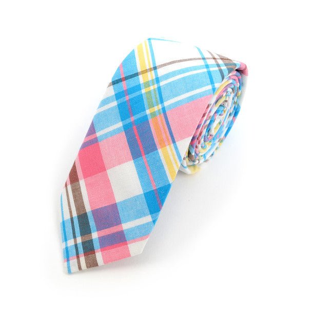 Men's Pink Blue Plaid 2.25" Cotton Slim Tie - MPPW1713 - Bundle Bus