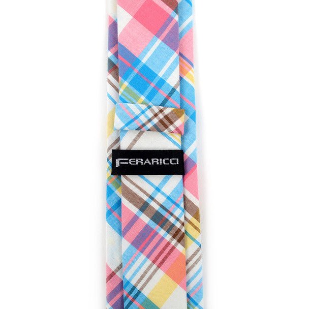 Men's Pink Blue Plaid 2.25" Cotton Slim Tie - MPPW1713 - Bundle Bus