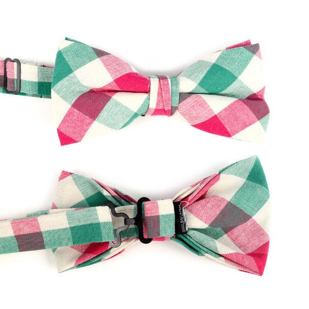 Men's Pink Green Plaid Cotton Bow Tie & Matching Pocket Square - CBTH1727 - Bundle Bus