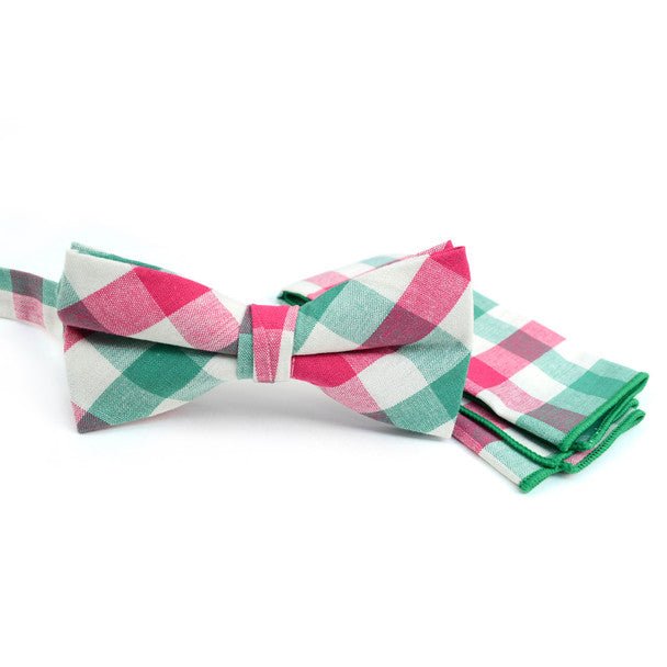 Men's Pink Green Plaid Cotton Bow Tie & Matching Pocket Square - CBTH1727 - Bundle Bus