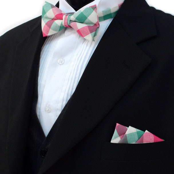 Men's Pink Green Plaid Cotton Bow Tie & Matching Pocket Square - CBTH1727 - Bundle Bus