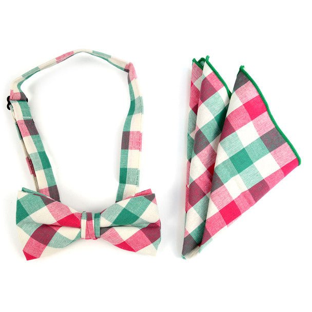 Men's Pink Green Plaid Cotton Bow Tie & Matching Pocket Square - CBTH1727 - Bundle Bus