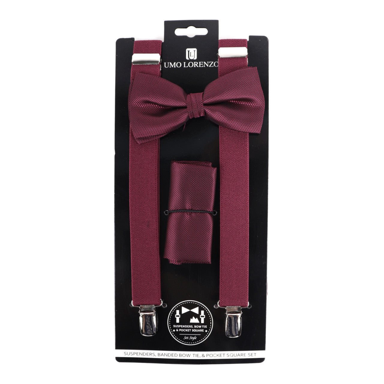 Men's Solid Color Clip-on Suspenders, Bow Tie and Pocket Square - BTHSU6308 - Bundle Bus