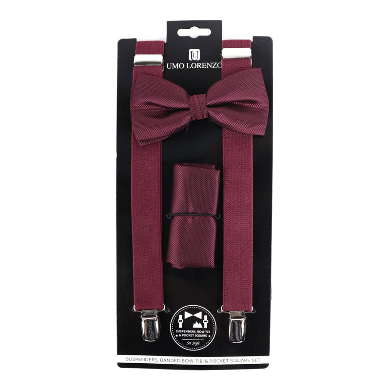 Men's Solid Color Clip-on Suspenders, Bow Tie and Pocket Square - BTHSU6308 - Bundle Bus