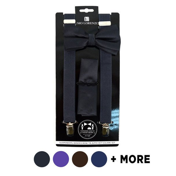 Men's Solid Color Clip-on Suspenders, Bow Tie and Pocket Square - BTHSU6308 - Bundle Bus